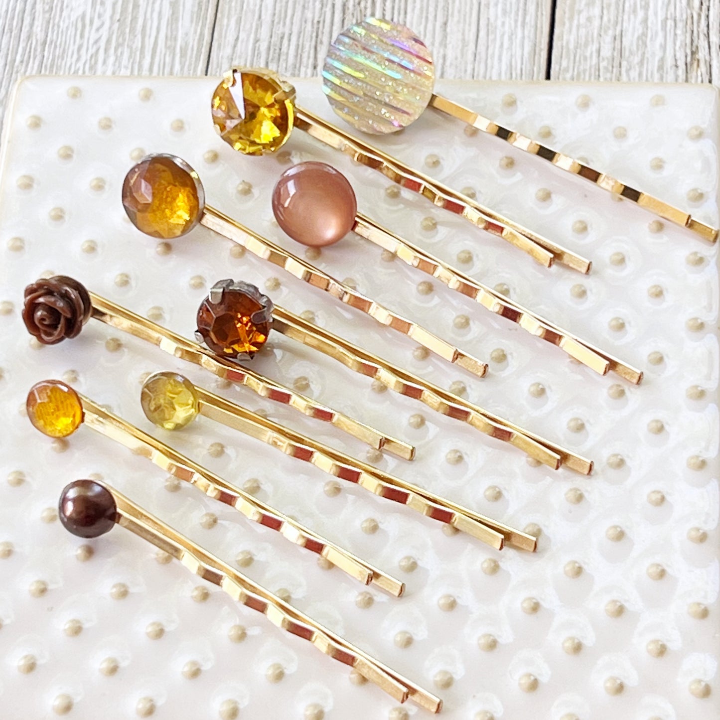Round Rhinestone & Acrylic Hair Pins in Neutral Colors - Set of 9 Stylish Accessories