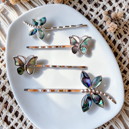 Nature-Inspired Hair Pin Set – Abalone Butterfly & Dragonfly Clips