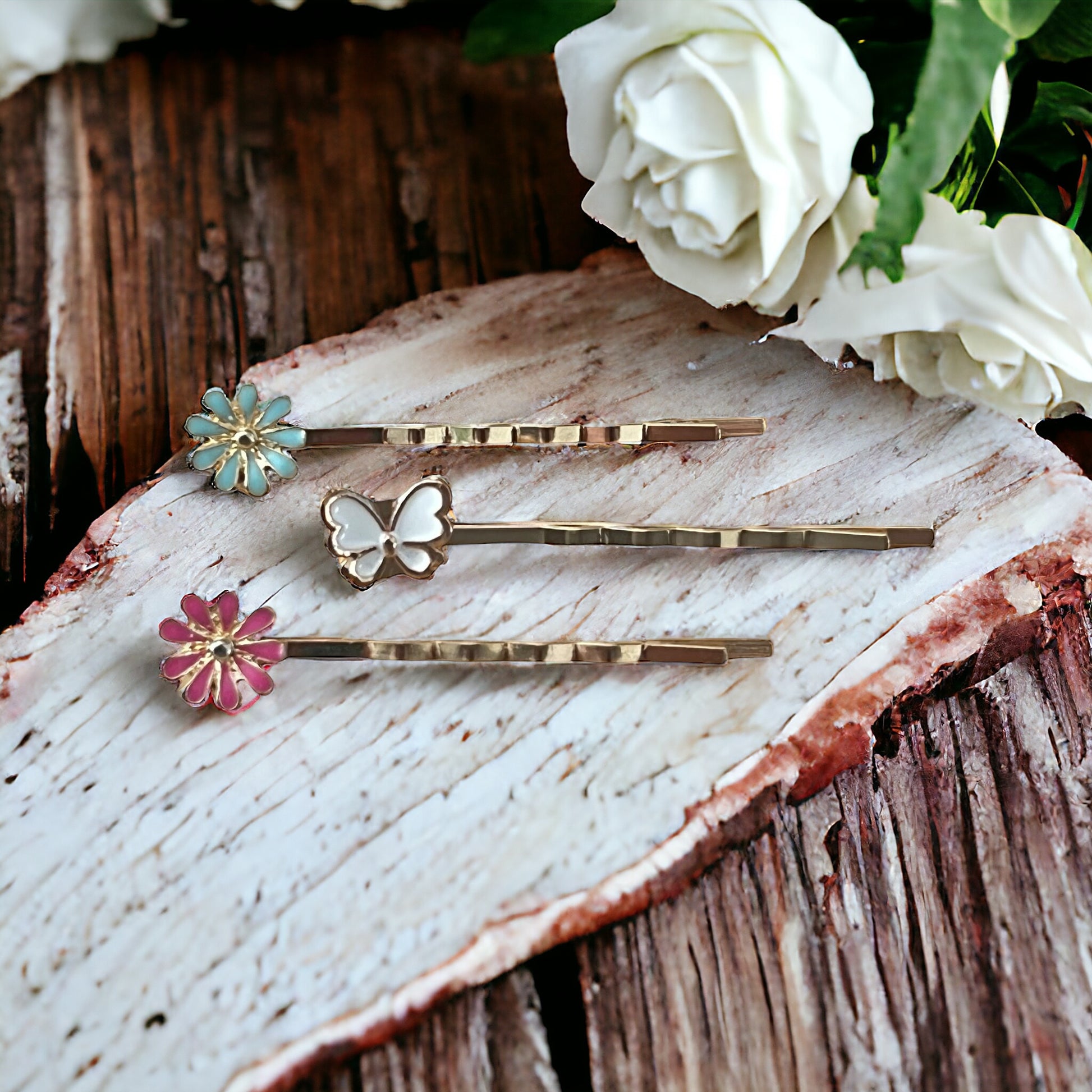 White Butterfly & Flower Hair Pin Set - Set of 3 Adorable Accessories for Hair Styling
