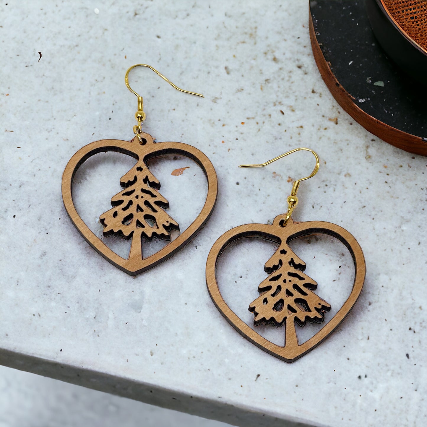 Heart Tree Cutout Earrings – Wooden Christmas Forest Dangles with Gold Hooks