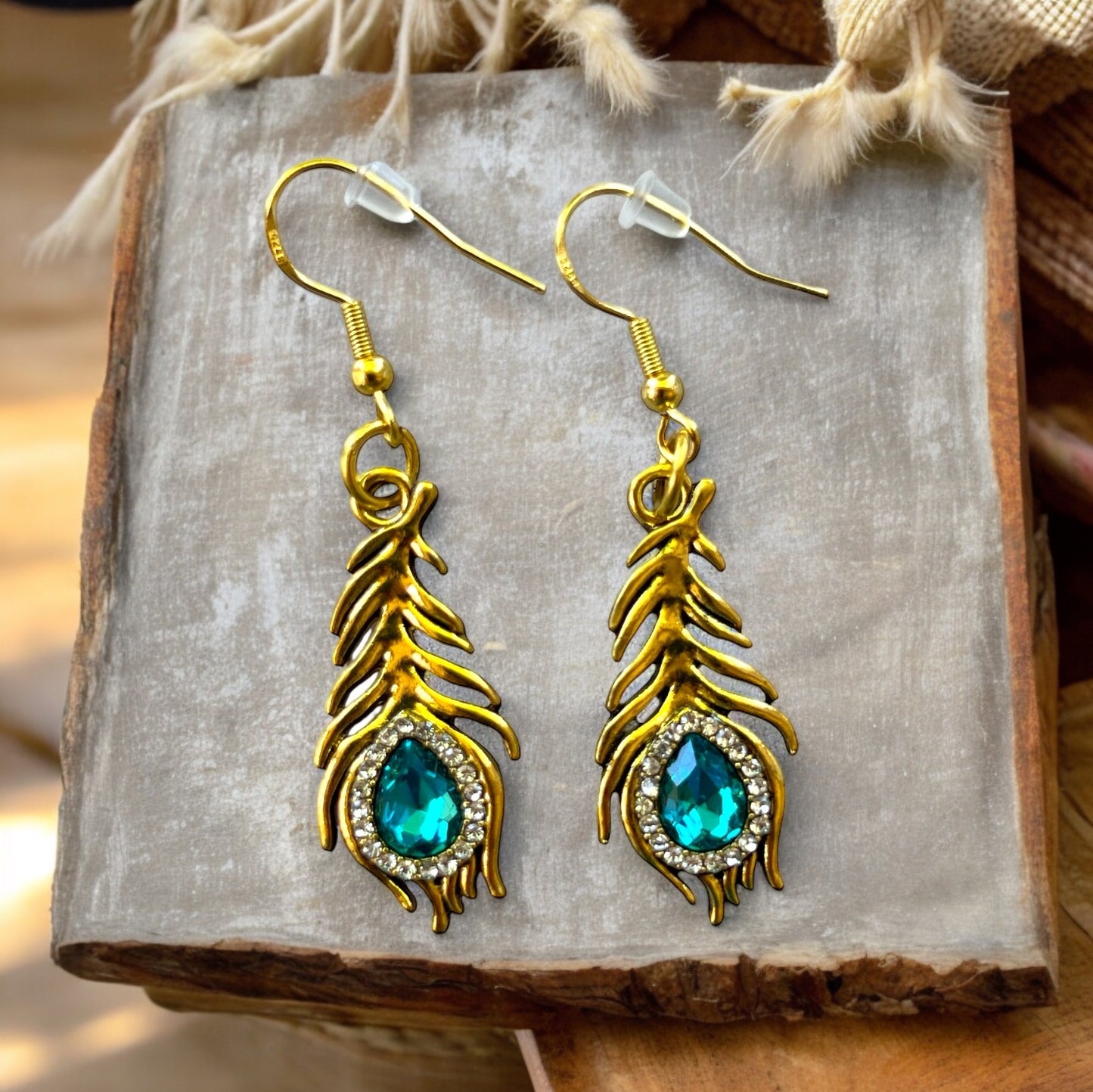 Peacock Feather Earrings – Gold Boho Glam Dangle Jewelry