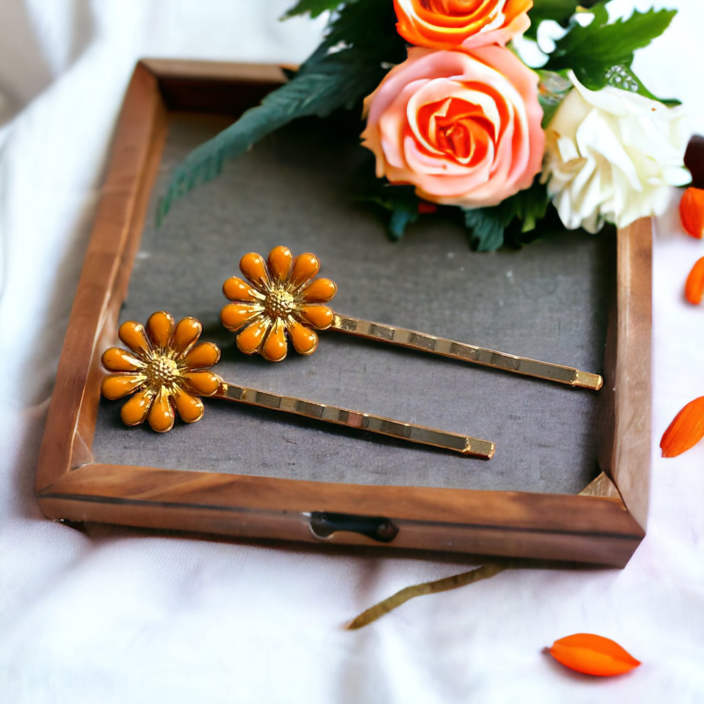 Orange Wildflower Hair Pins – Set of 2 Cottagecore Accessories