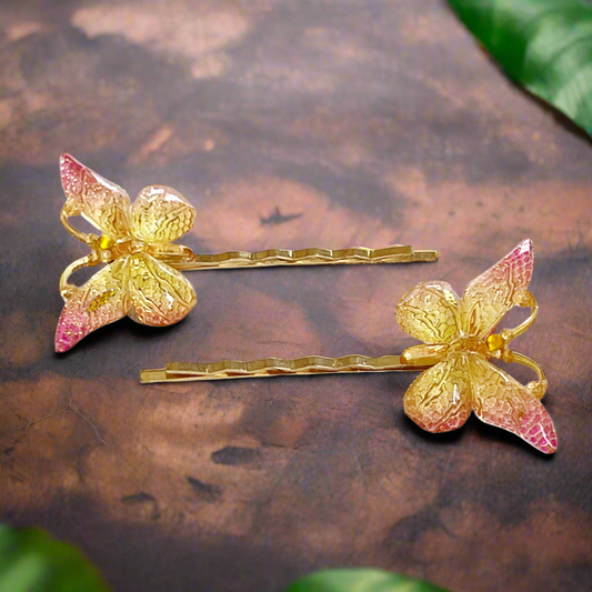Pink & Yellow Gold Butterfly Hair Pins - Whimsical Bobby Pins Set