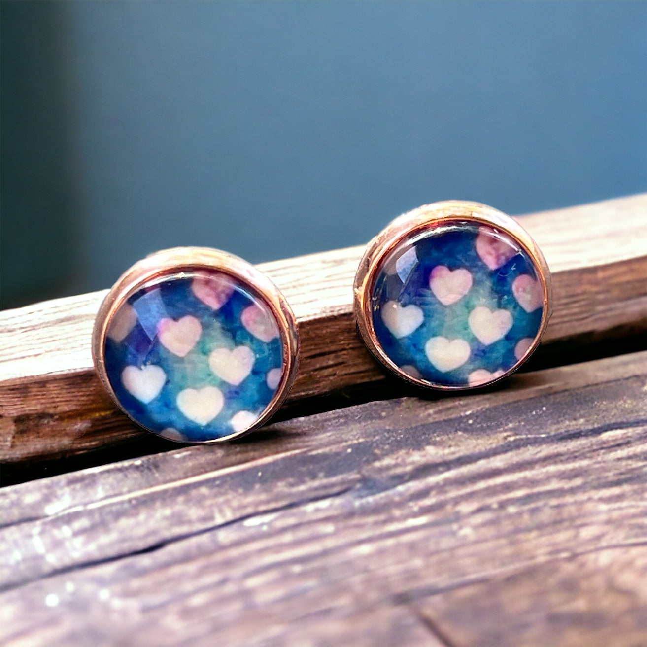 Galaxy Heart Stud Earrings – Whimsical Pastel Love Jewelry in Rose Gold