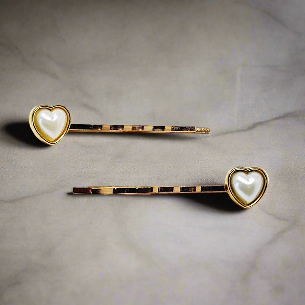 White Pearl Heart Hair Pins - Romantic Gold Bobby Pin Set