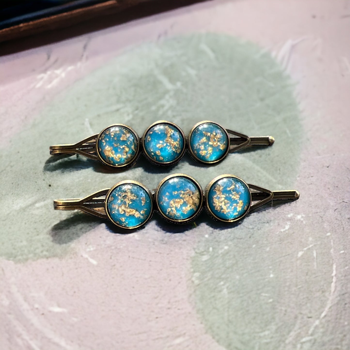 Sky Blue & Gold Foil Hair Pins – Set of 2 Celestial Hair Accessories