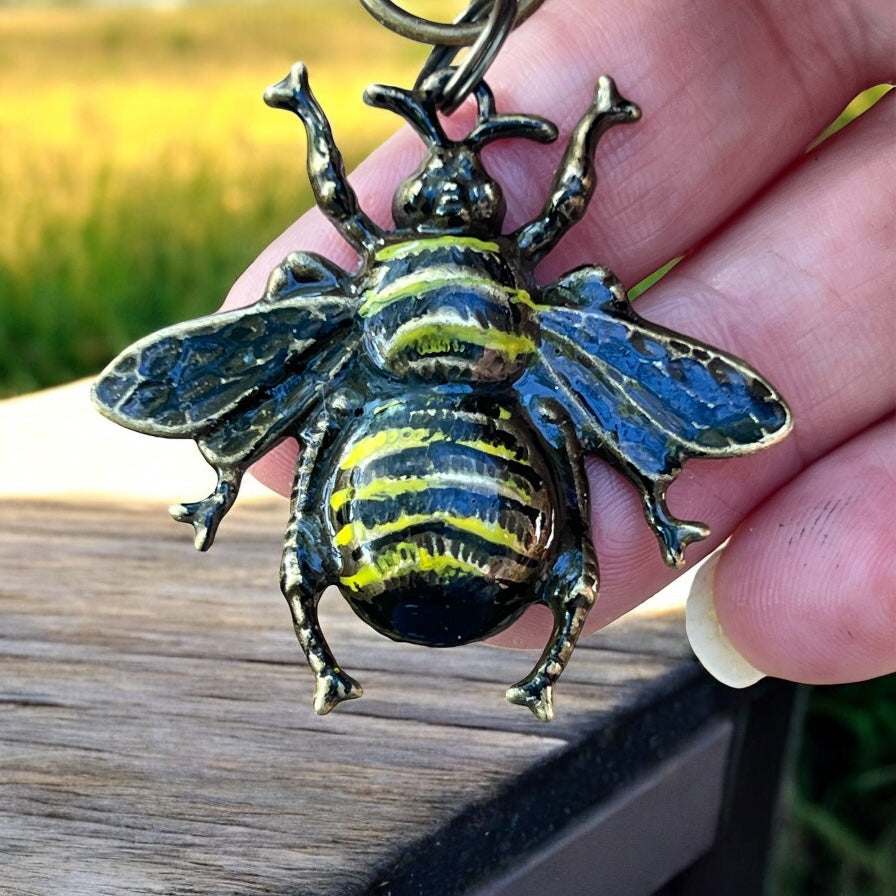 Hand-Painted Bee Purse Charm – Brass Insect Keychain for Women
