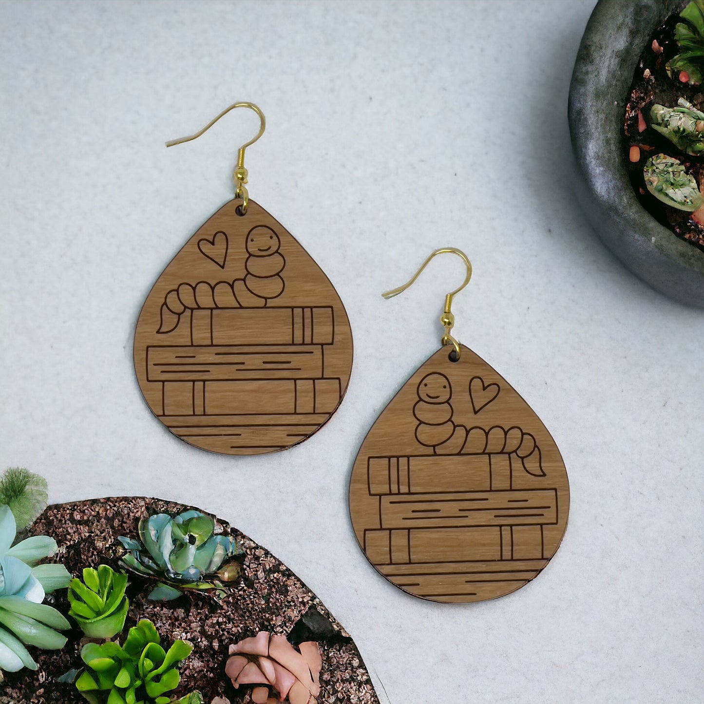 Bookworm Wood Earrings – Cute Boho Jewelry for Book Lovers