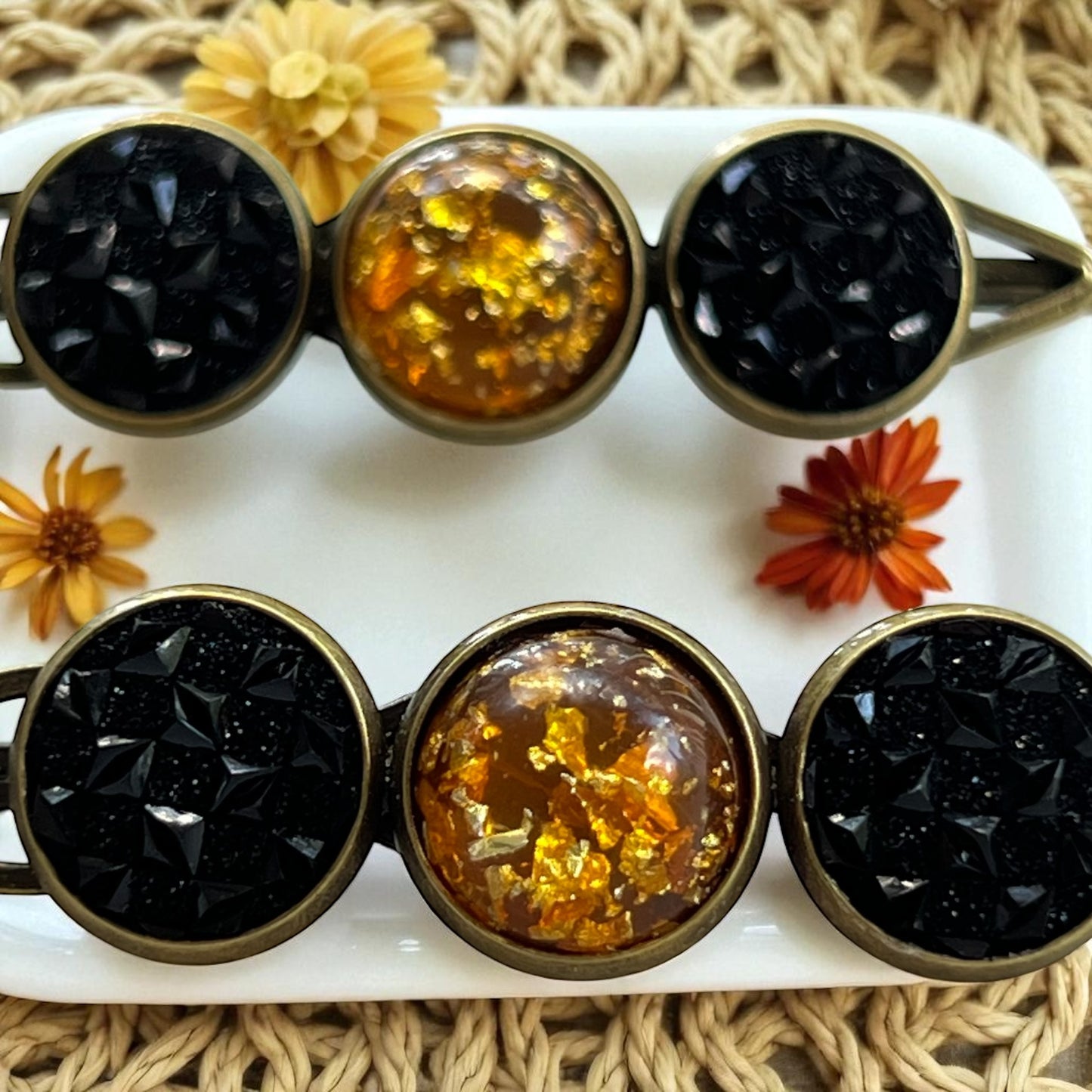Fall Hair Pin Set – Amber & Black Crystal Handmade Bobby Pins