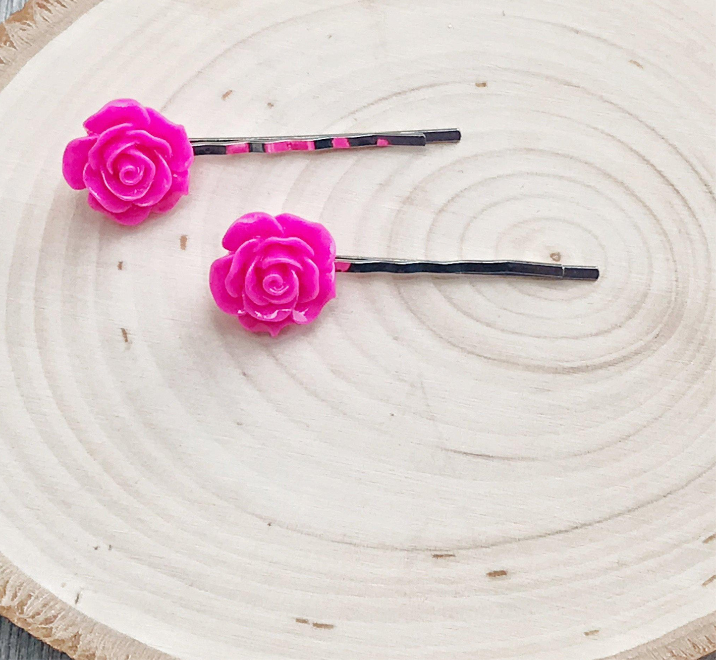 Hot Pink Flower Hair Pin - Boho Floral Bobby Pin Set of 2