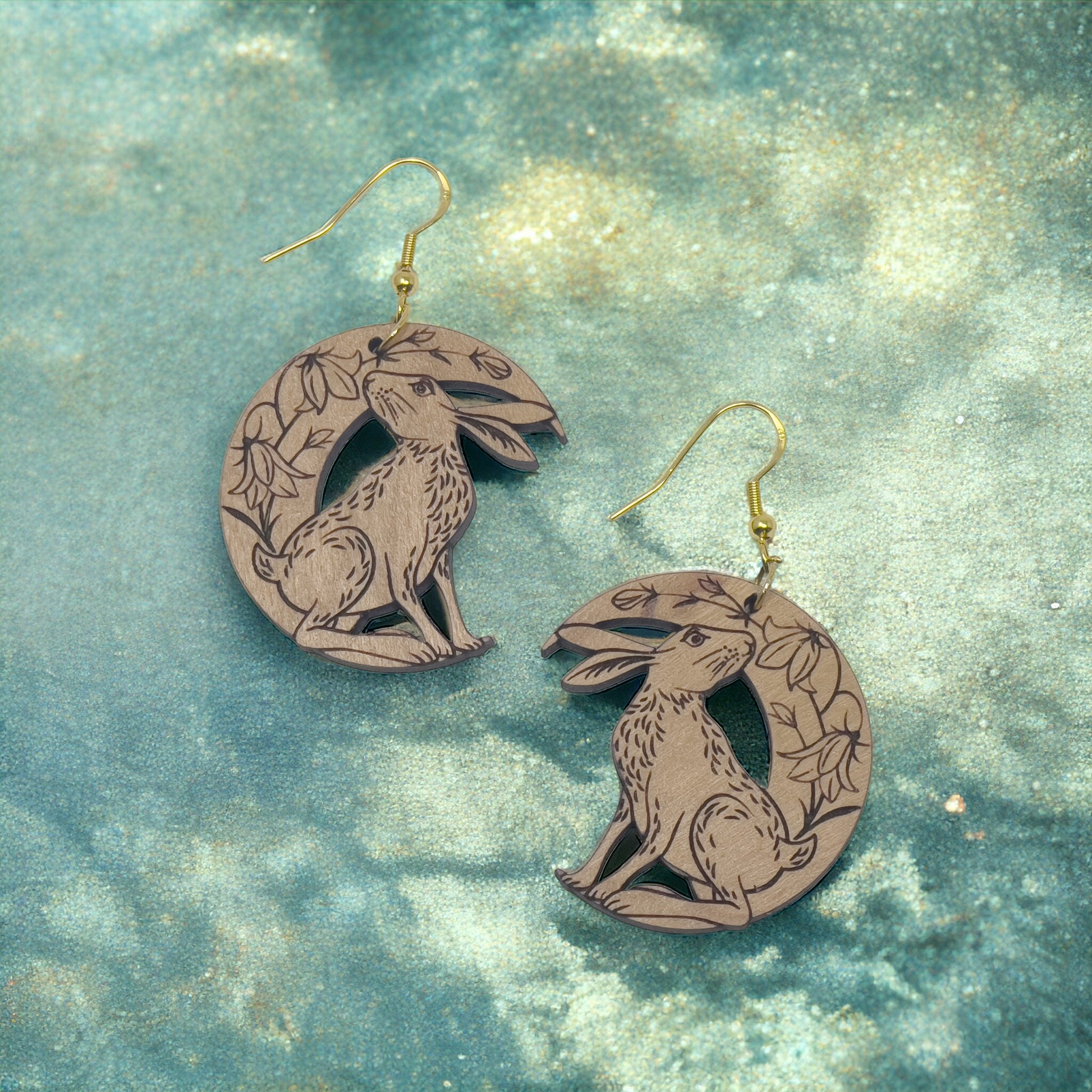 Wood Dangle Bunny & Lily Flower Easter Earrings - Boho Crescent Moon Rabbit Jewelry