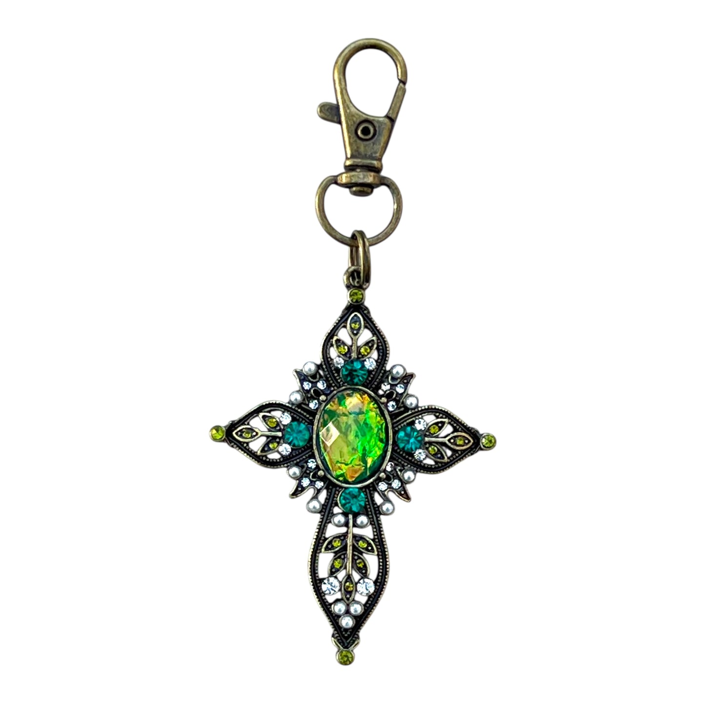Ornate Cross Purse Charm – Vintage Bronze Keychain with Rhinestones