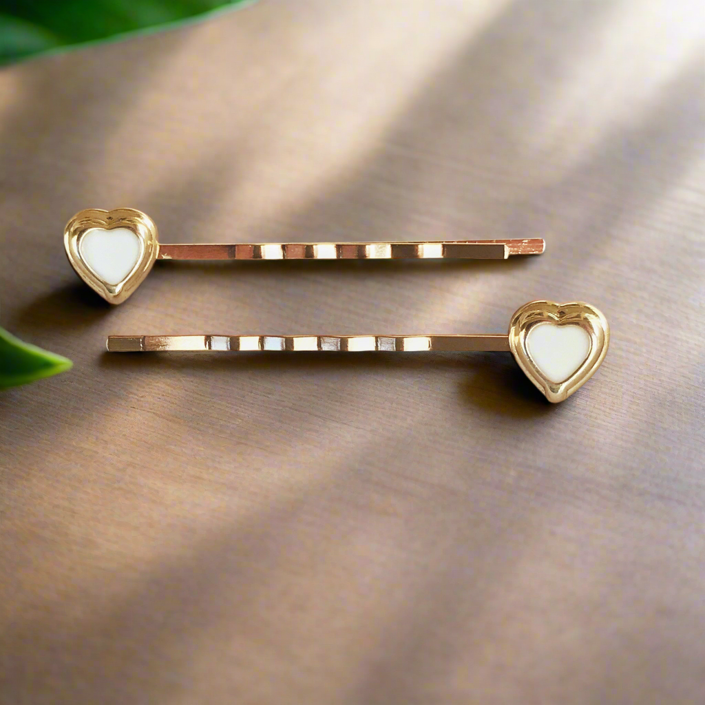 White & Gold Heart Hair Pins - Elegant Romantic Bobby Pins