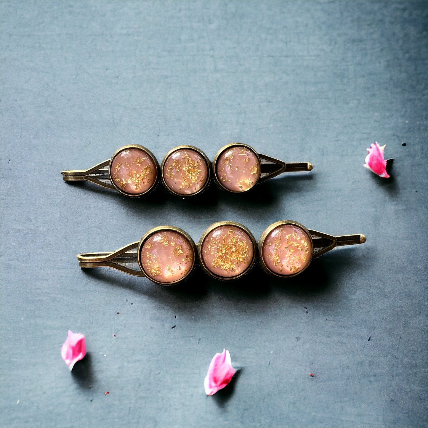Blush Pink & Gold Foil Hair Pins – Set of 2 Romantic Handmade Accessories