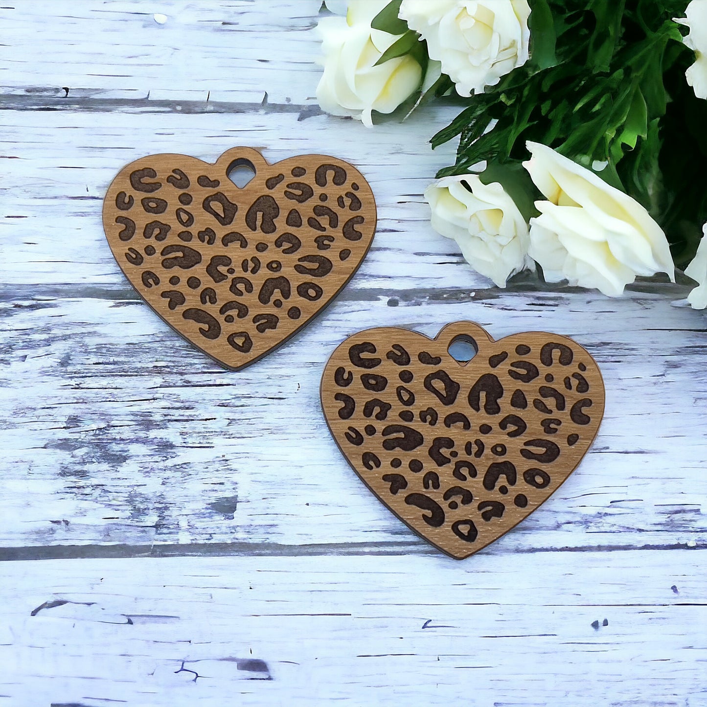 Animal Print Heart Wood Earring Blanks - Laser Cut Wholesale Findings for Bulk Earring Parts | Finished Cheetah Dangle Earrings