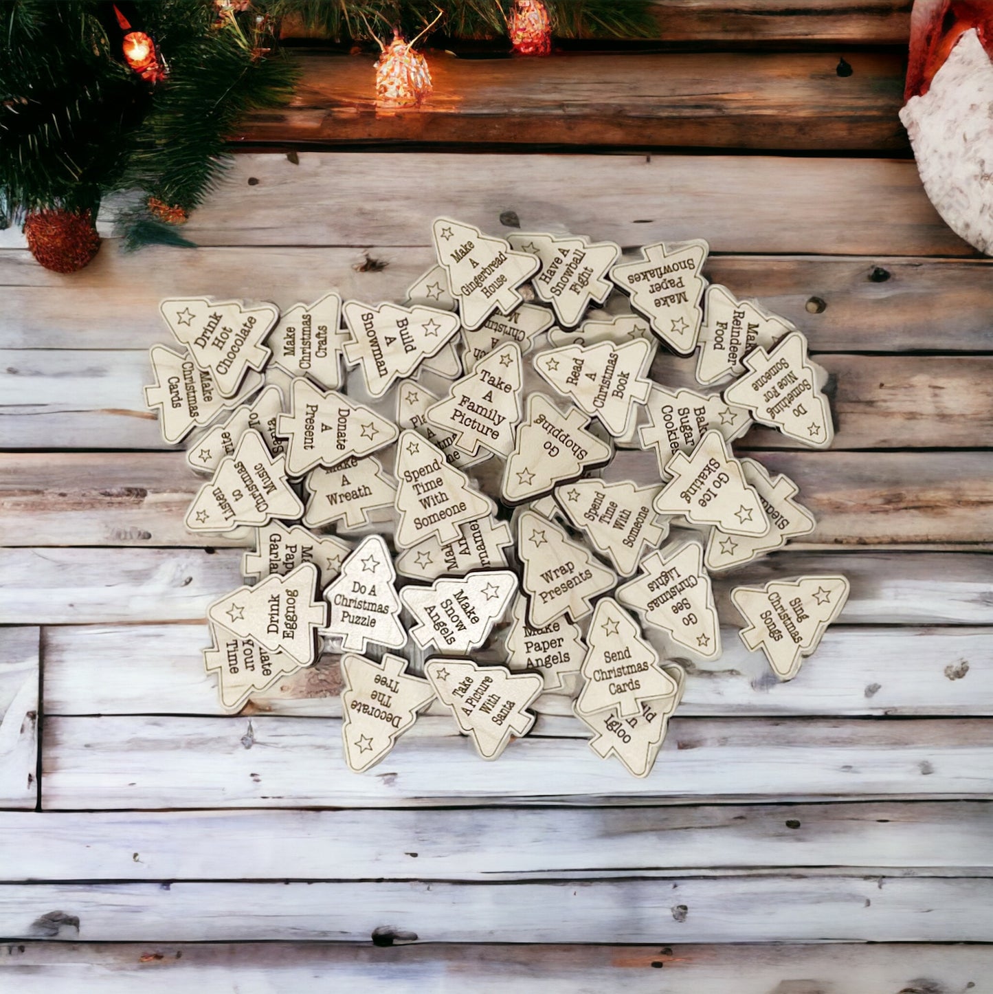 Christmas Activity Tokens for Family - Wooden Christmas Tree Kids Bucket List Tokens, Advent Calendar Fillers, Xmas Countdown Coins, and Child Games