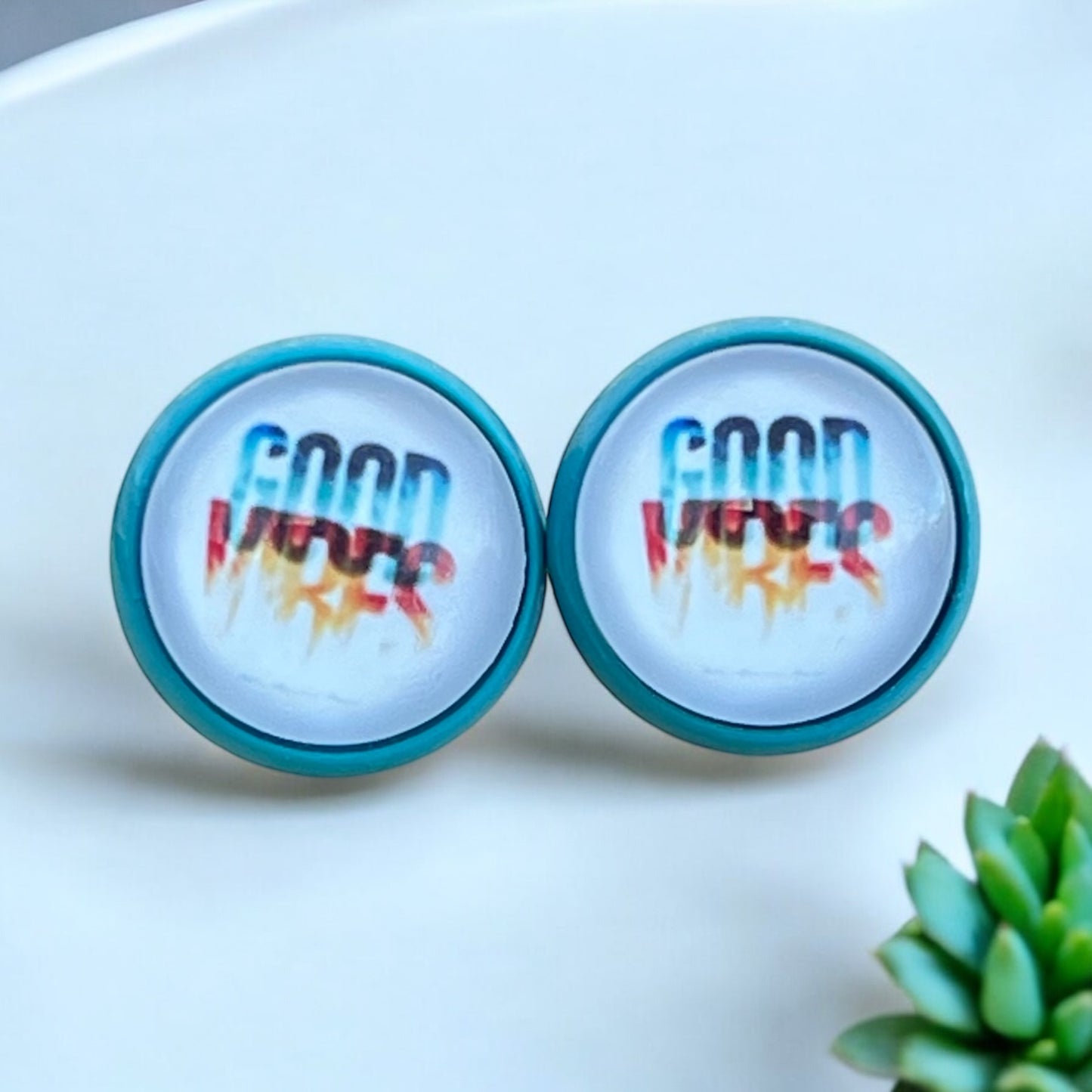 Good Vibes Stud Earrings – Retro Blue Framed Motivational Jewelry