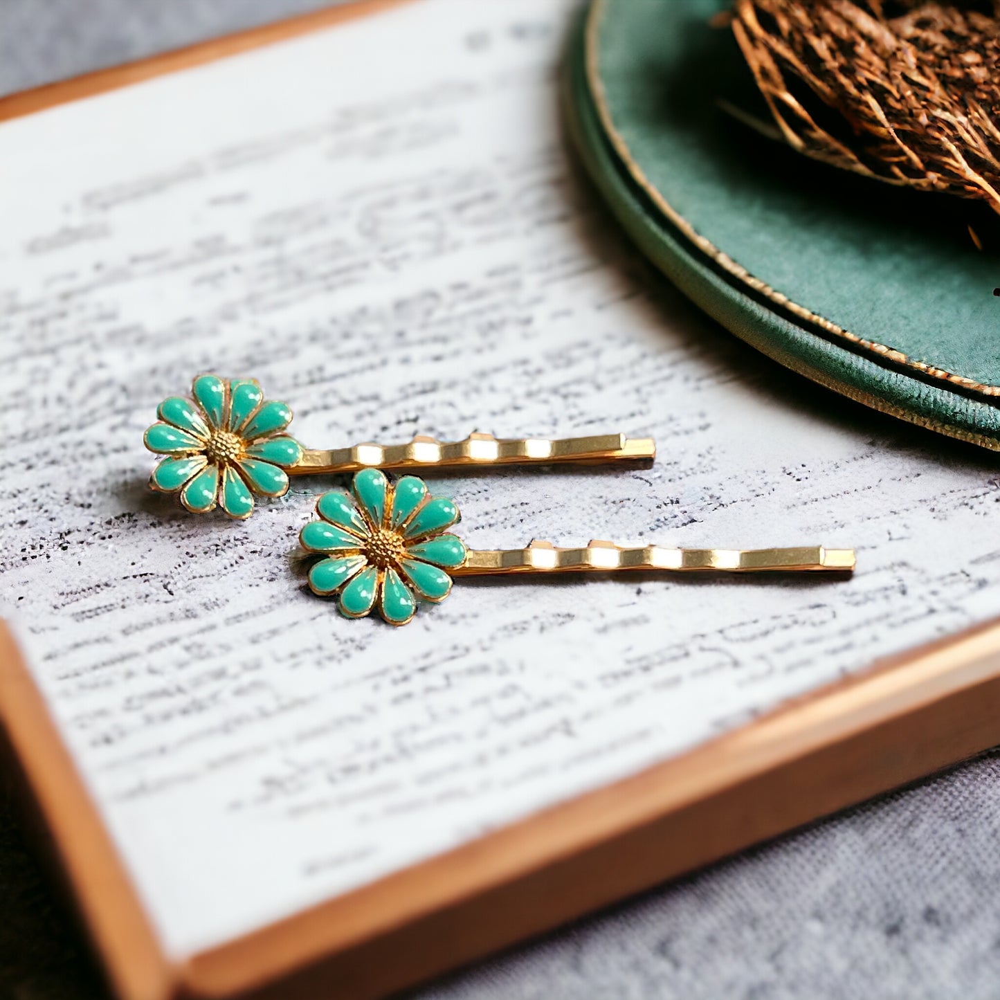 Mint Green Wildflower Hair Pins – Set of 2 Cottagecore Accessories