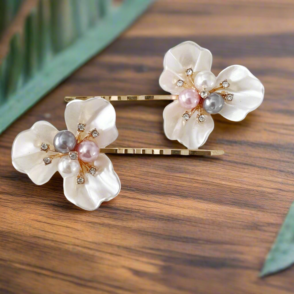White Floral Pastel Pearl Hair Pin Set of 2