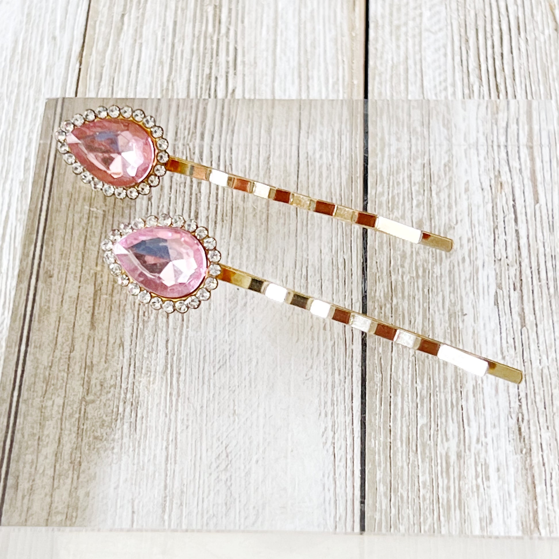 Pink Teardrop Gem Hair Pins – Gold Bobby Pins with Rhinestone Accents