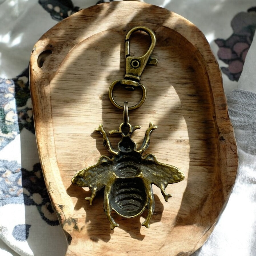 Hand-Painted Bee Purse Charm – Brass Insect Keychain for Women