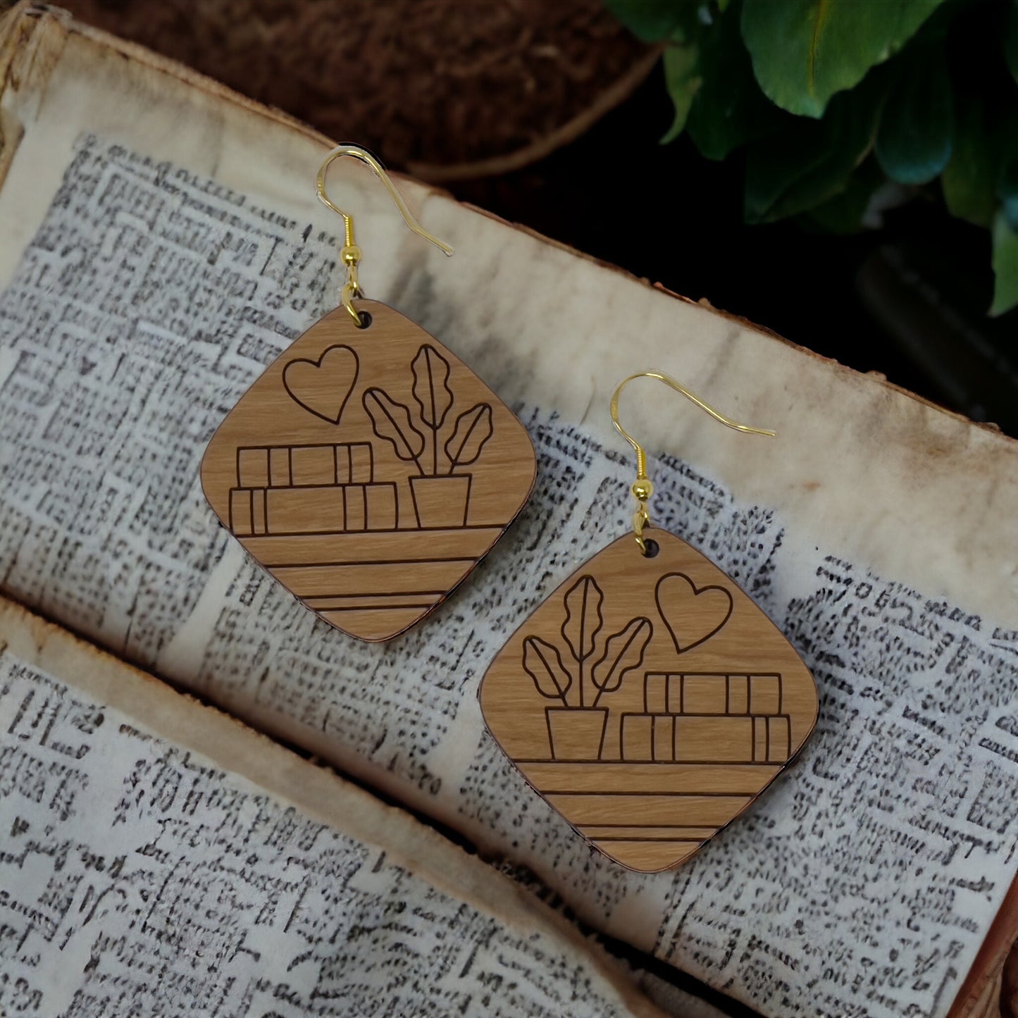 Books & Plants Wood Earrings – Boho Cottagecore Jewelry