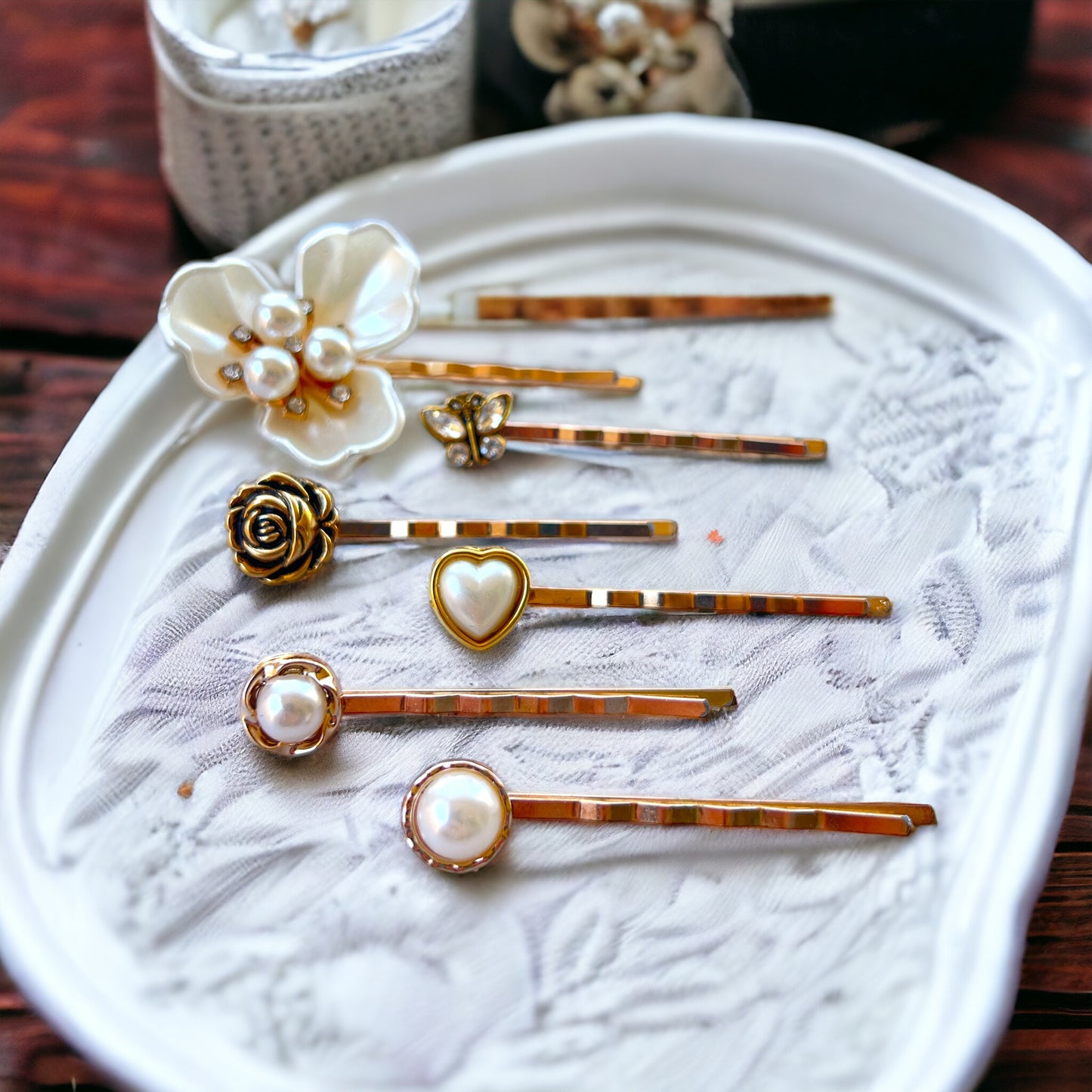 Pearl Flower & Heart Rose Gold Hair Pins with Rhinestone Butterfly - Elegant and Romantic Hair Accessories