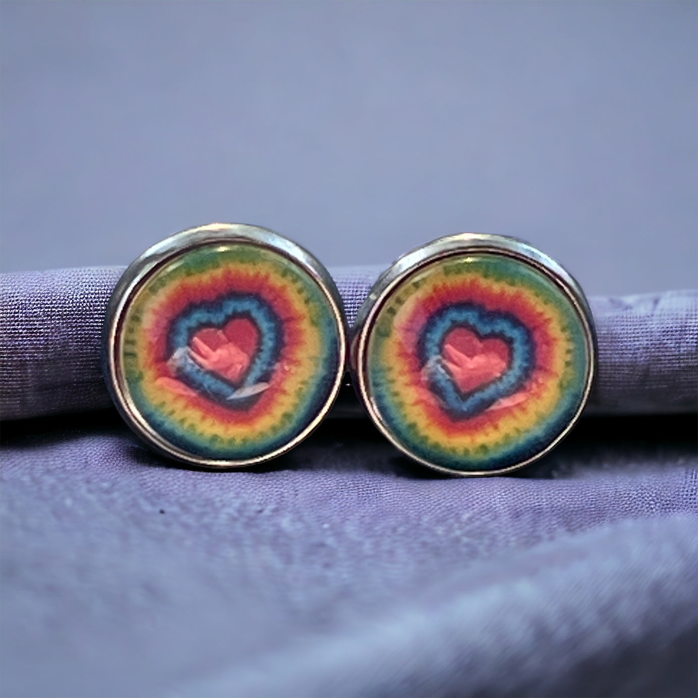 Rainbow Heart Stud Earrings – Colorful Tie-Dye Silver Jewelry