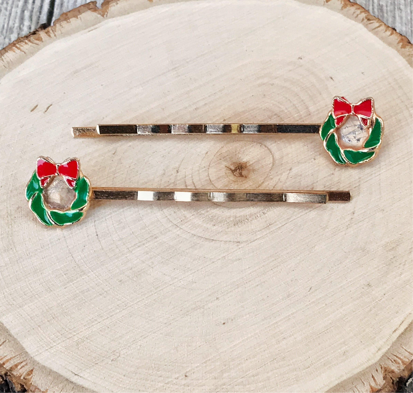 Green Christmas Wreath Hair Pins - Festive Holiday Accessories