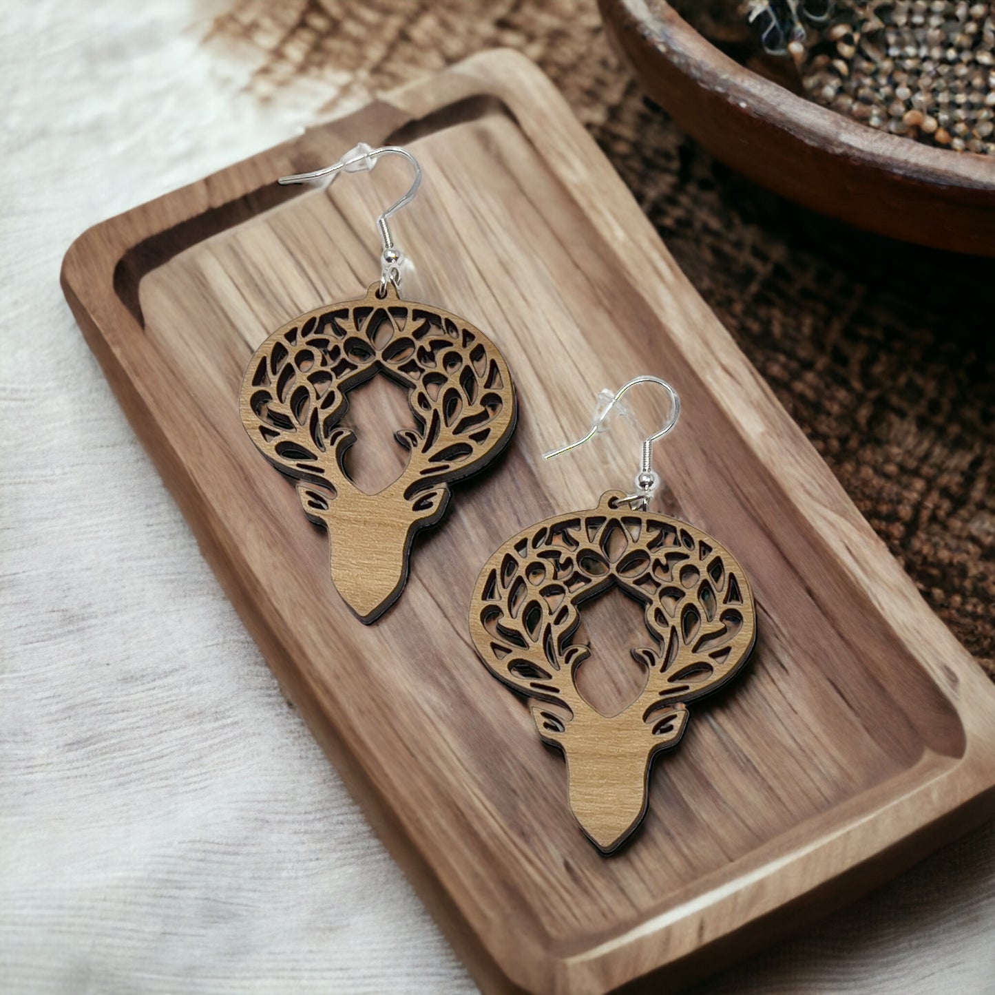 Woodland Deer Antler Earrings – Intricate Boho Forest Jewelry in Wood