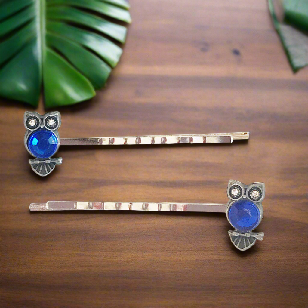 Alfileres de pelo de búho azul, alfiler Boho Bobby, alfiler de pelo para mujer, alfiler de pelo de pedrería, alfiler de mujer Bobby, alfiler decorativo, alfiler de pelo azul, alfiler de pelo de pájaro