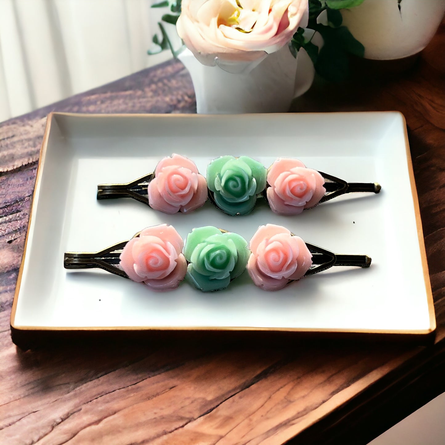 Blush & Mint Rose Hair Pins – Set of 2 Cottagecore Accessories