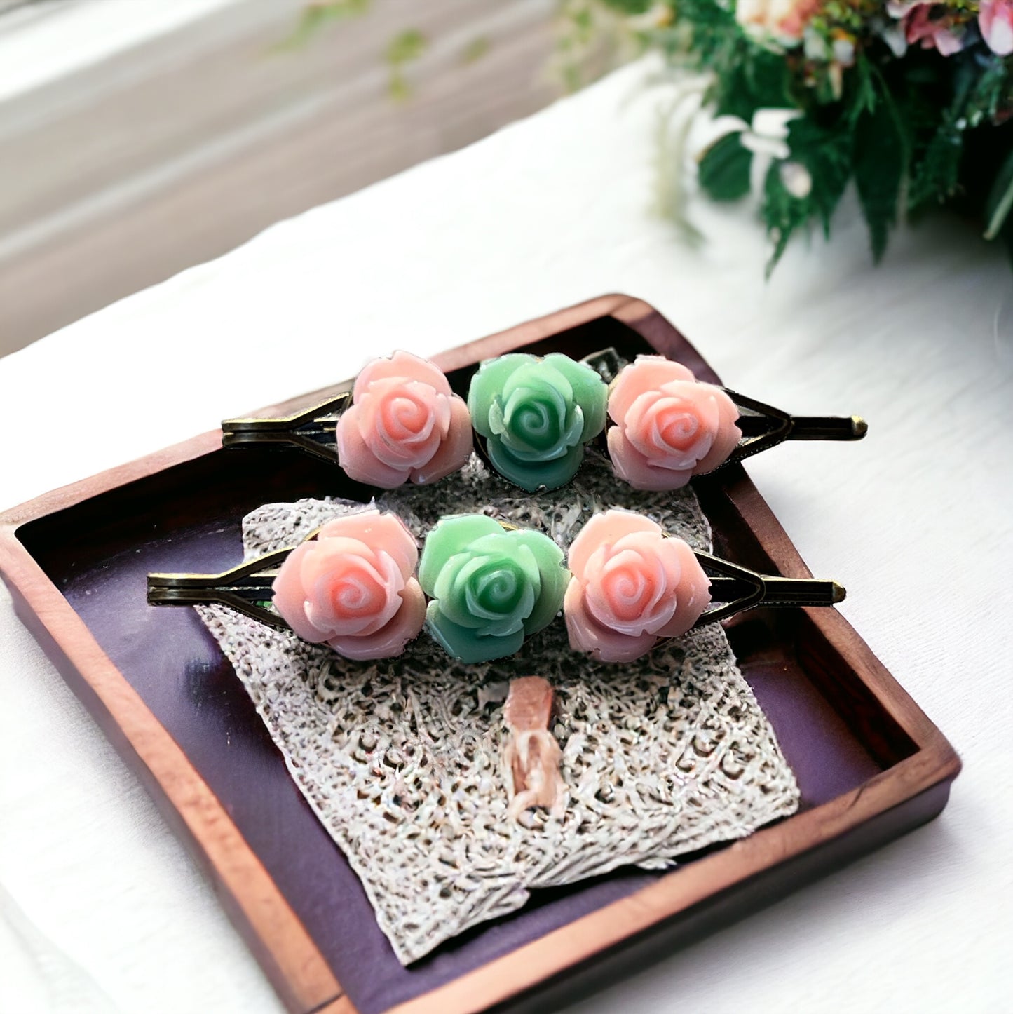 Blush & Mint Rose Hair Pins – Set of 2 Cottagecore Accessories