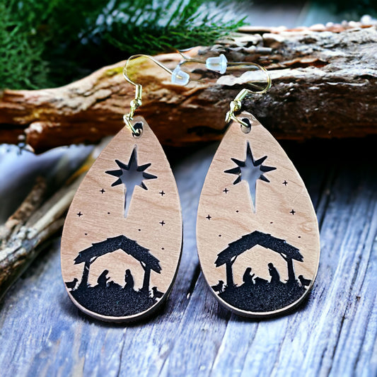 Nativity Earrings, Christmas Jesus Dangle Earrings, Cute Holiday Earrings, Wood Christian Earrings, Country Xmas Jewelry, Rustic Nature Gift
