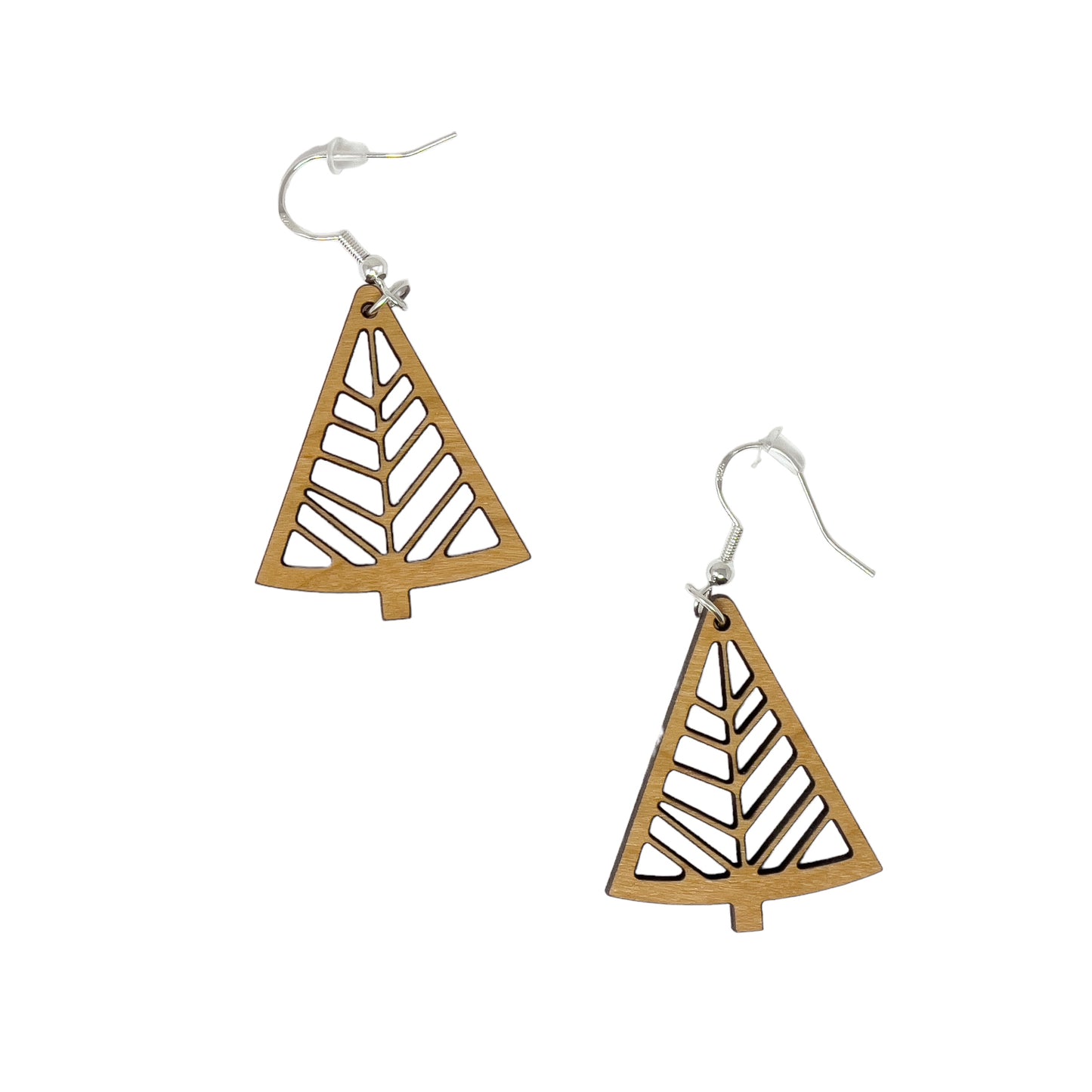 Geometric Tree Cutout Earrings – Modern Wooden Holiday Jewelry