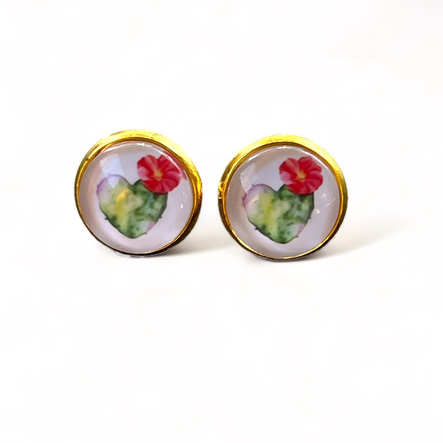 Flowering Cactus Heart Valentine Succulent Gold Stud Earrings