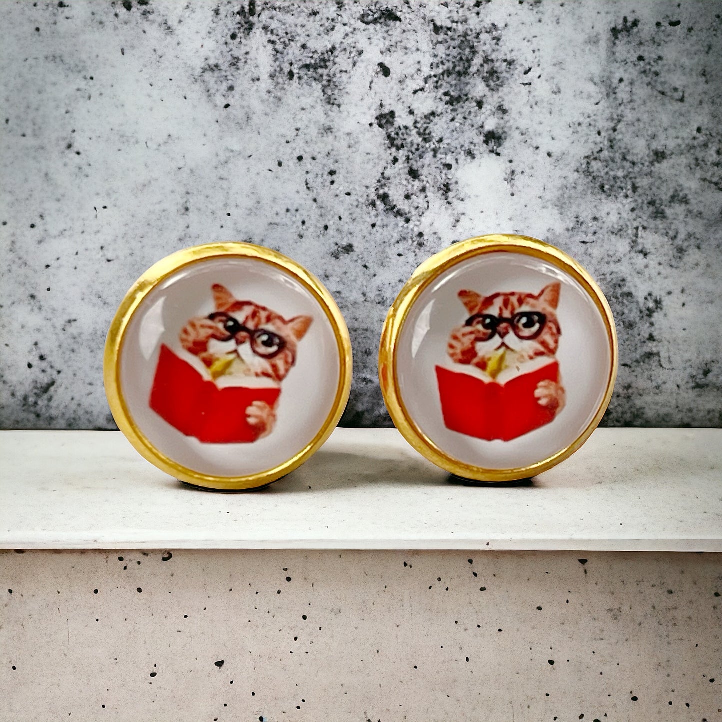 Cat Reading Book Stud Earrings – Gold-Toned Literary Jewelry