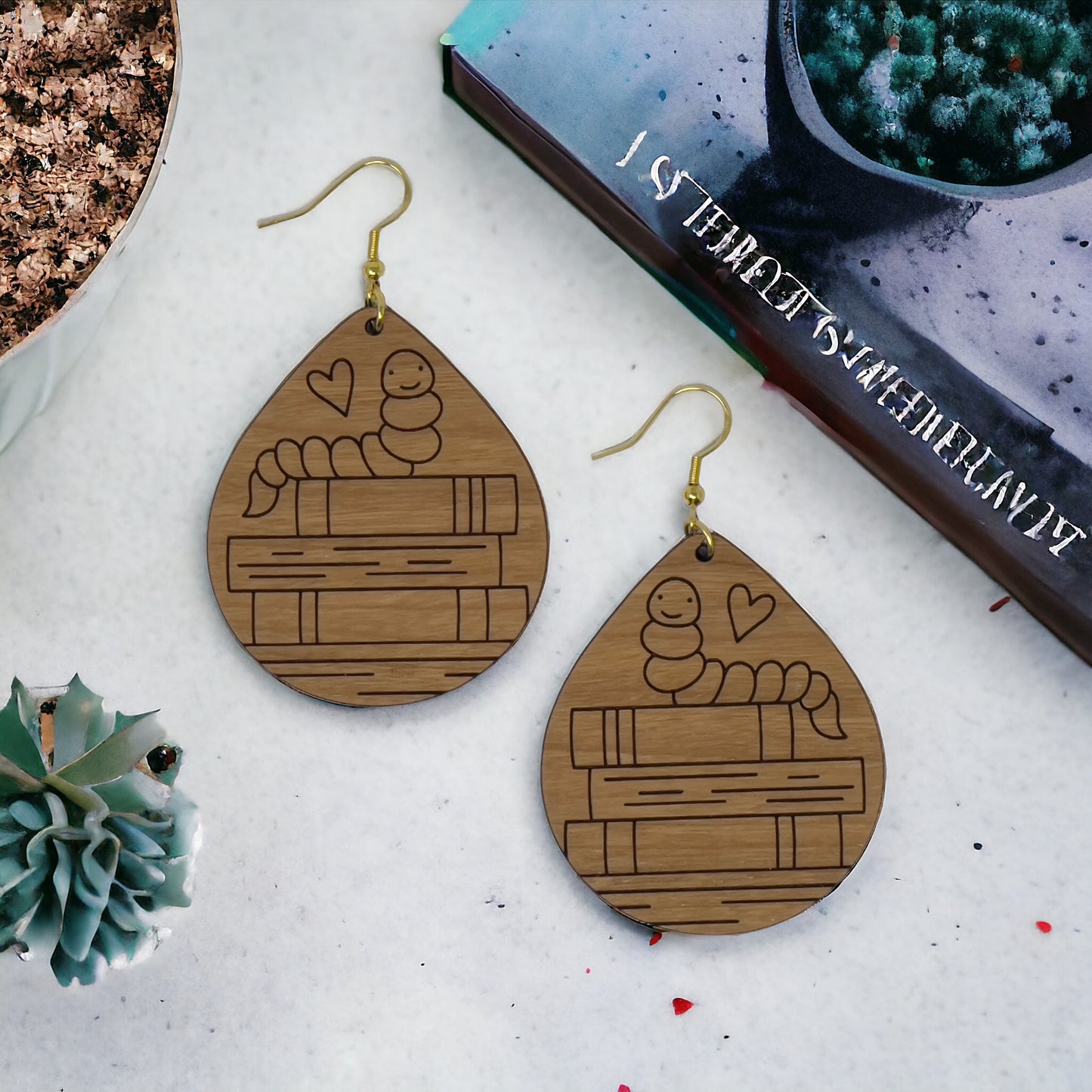 Bookworm Wood Earrings – Cute Boho Jewelry for Book Lovers