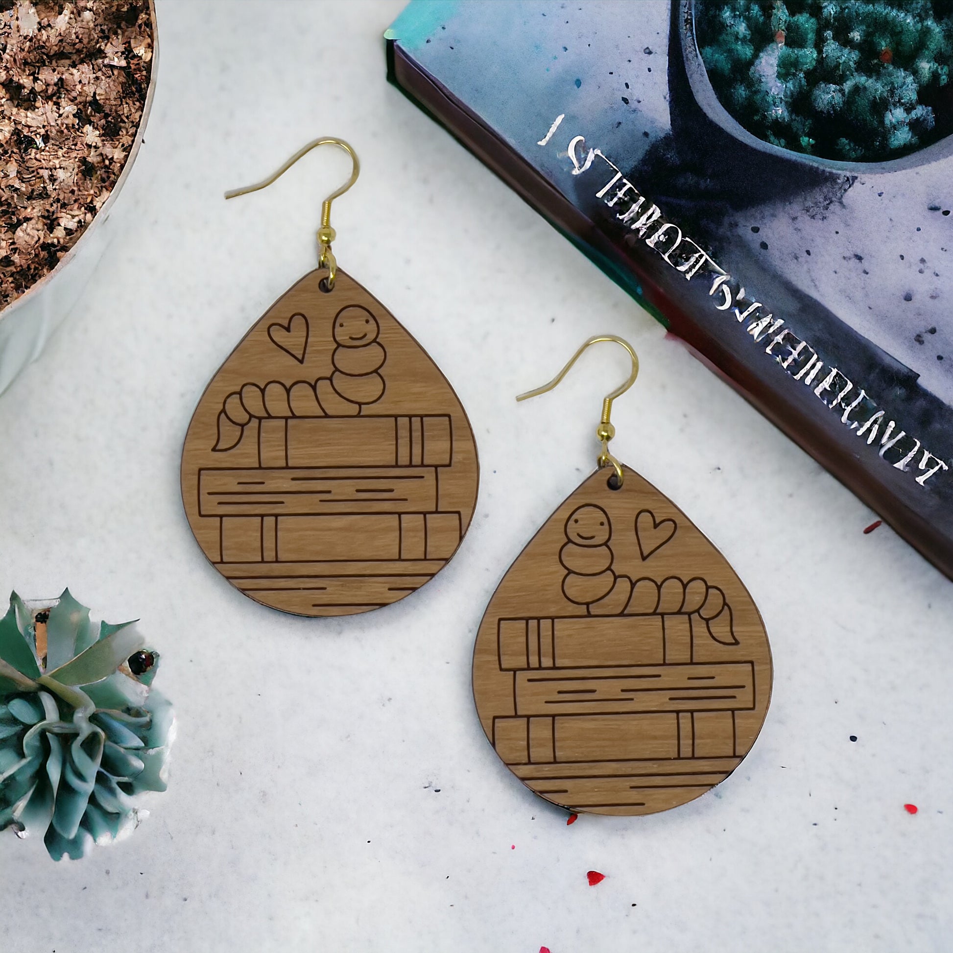 Bookshelf Wood Dangle Earrings - Cute Book Lover Gift | Boho Women's Miniature Bookcase Jewelry