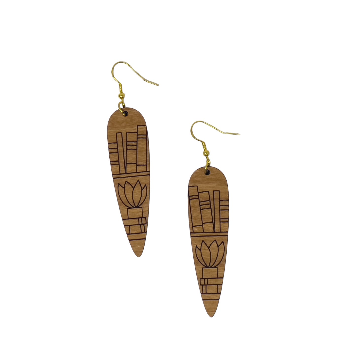 Bookshelf & Plant Wood Earrings – Boho Literary Jewelry
