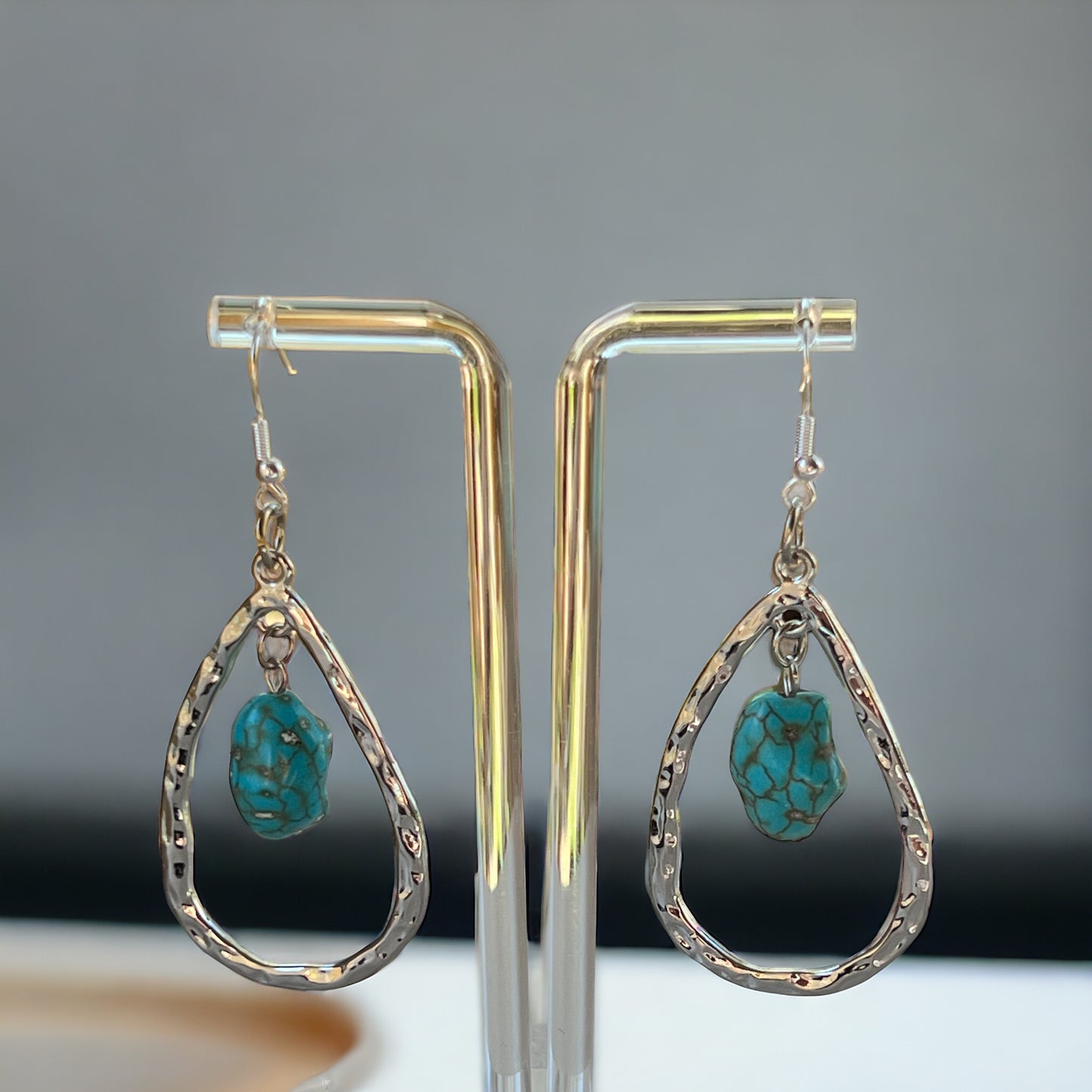Silver Toned Hammered Metal Teardrop Earrings with Synthetic Turquoise Stone Boho Chic Statement Jewelry Country Western Earrings for Women