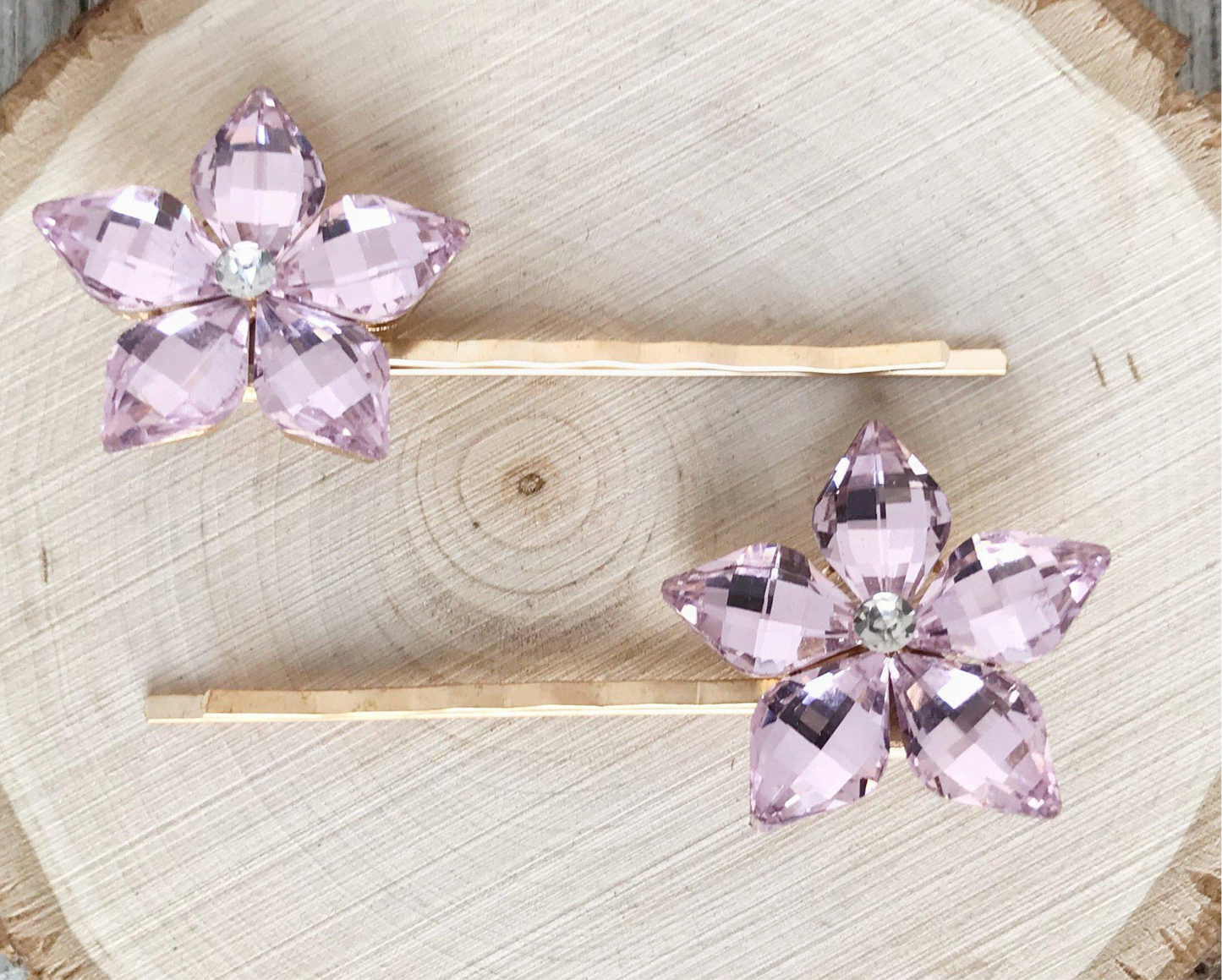 Pink Flower Rhinestone Hair Pins - Boho Wedding Bobby Pin Set of 2