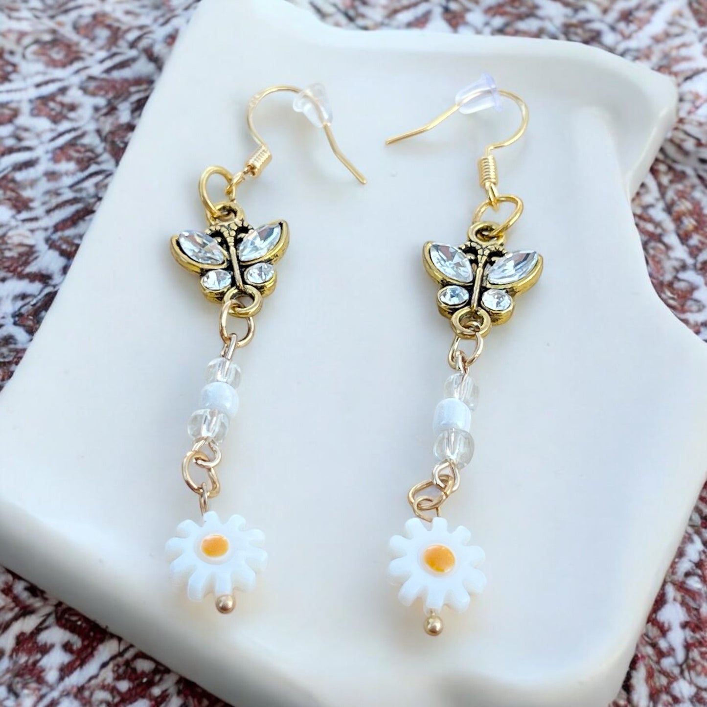 Butterfly & Daisy Earrings – Handmade Gold Floral Dangles