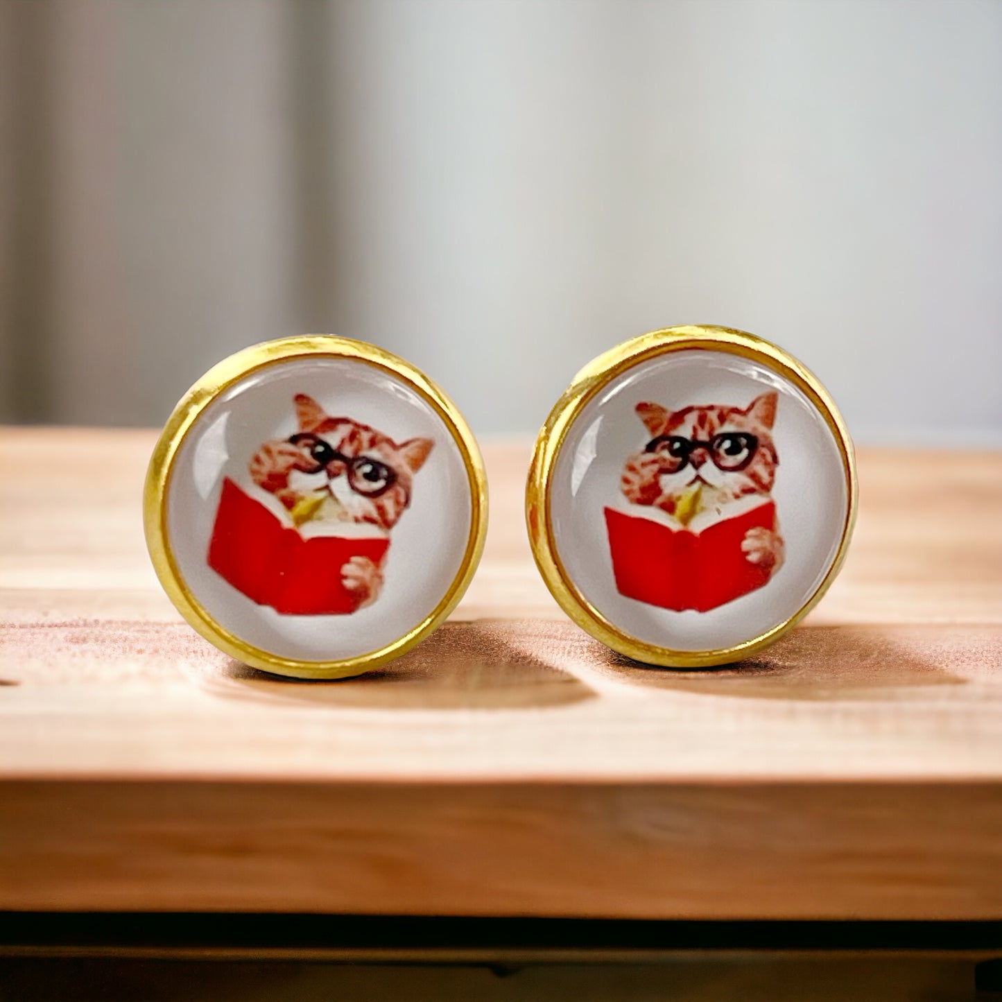 Cat Reading Book Stud Earrings – Gold-Toned Literary Jewelry