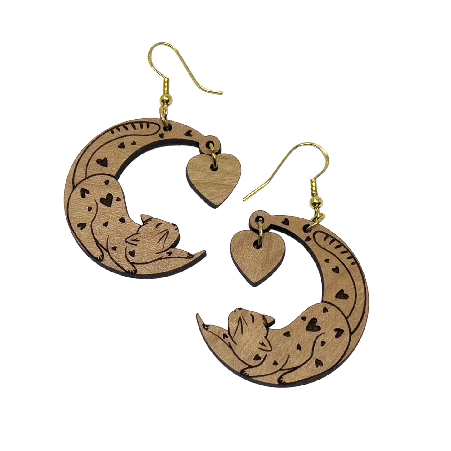 Heart Moon Cat Earrings – Whimsical Wooden Love Jewelry for Her