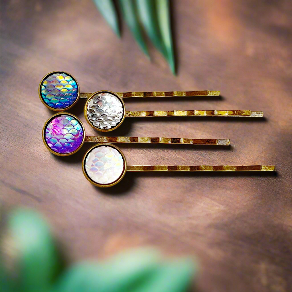 Brass Mermaid Hair Pins: Set of 4 in Purple, Silver, White, & Blue