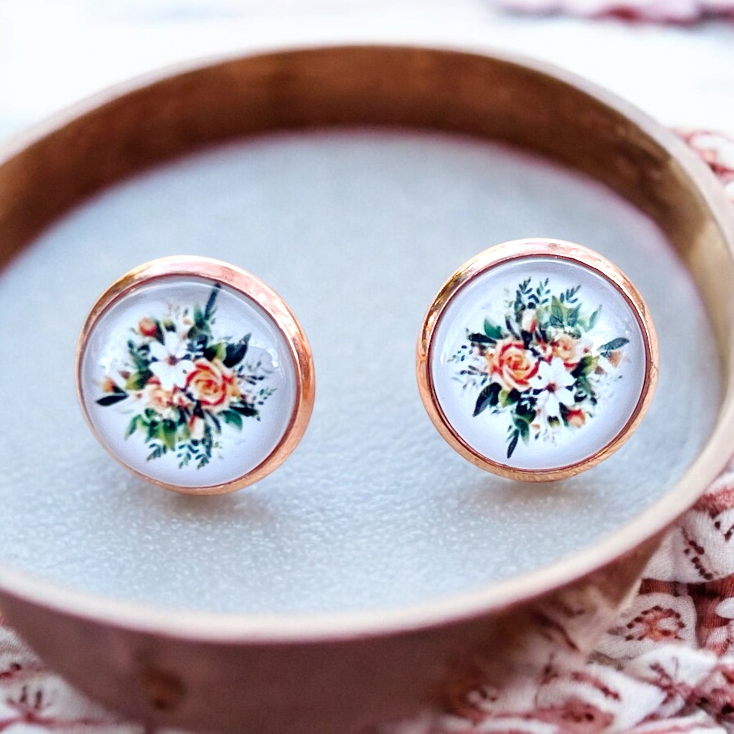 Rose Gold Floral Stud Earrings – Handmade Vintage Cottagecore Jewelry