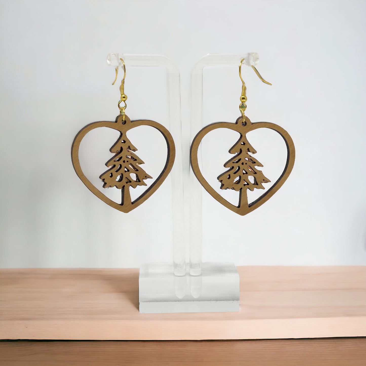 Heart Tree Cutout Earrings – Wooden Christmas Forest Dangles with Gold Hooks