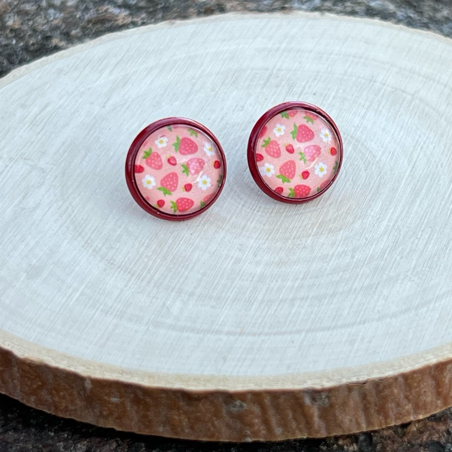 Pink Strawberry Stud Earrings – Handmade Fruit-Inspired Jewelry in Red Setting