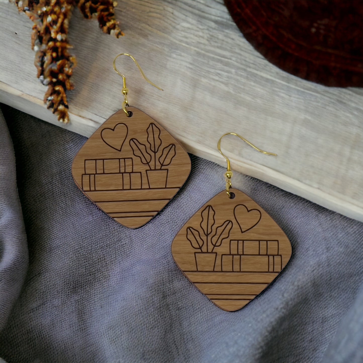 Books & Plants Wood Earrings – Boho Cottagecore Jewelry